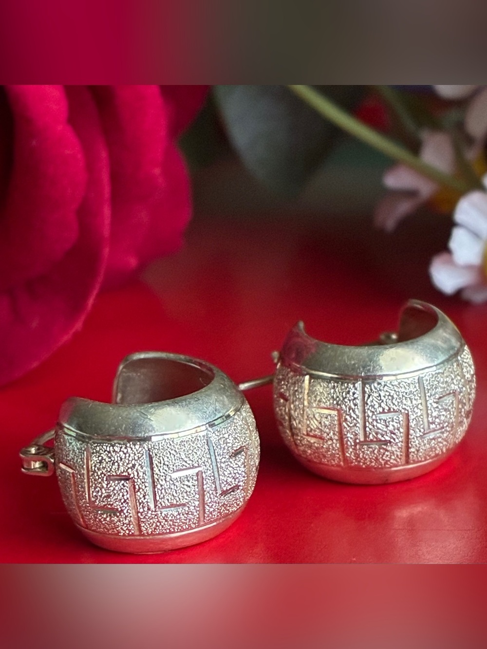 925 Silver Textured Greek Key Hoop Earrings - Women Jewelry